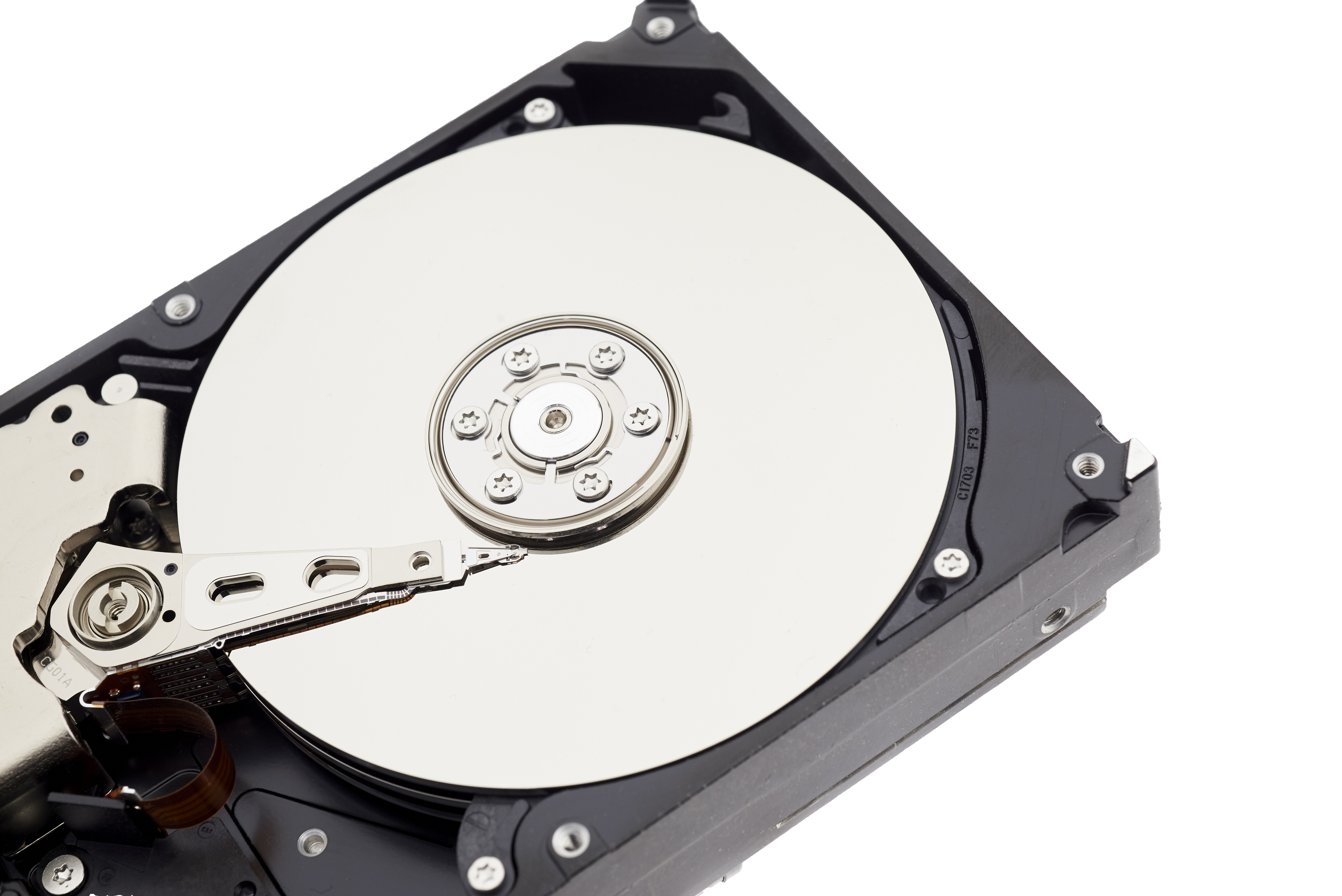 Open hard drive with platter visible