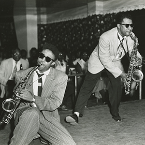 Robert Parker on the tenor saxophone and Lonnie Bolden on the alto saxophone jamming at the Tijuana Club. From the Ralston Crawford Collection.