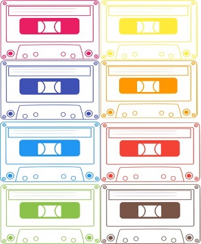 Two columns of line drawn cassette tapes loosely following the colar scheme of the inclusive rainbow flag.