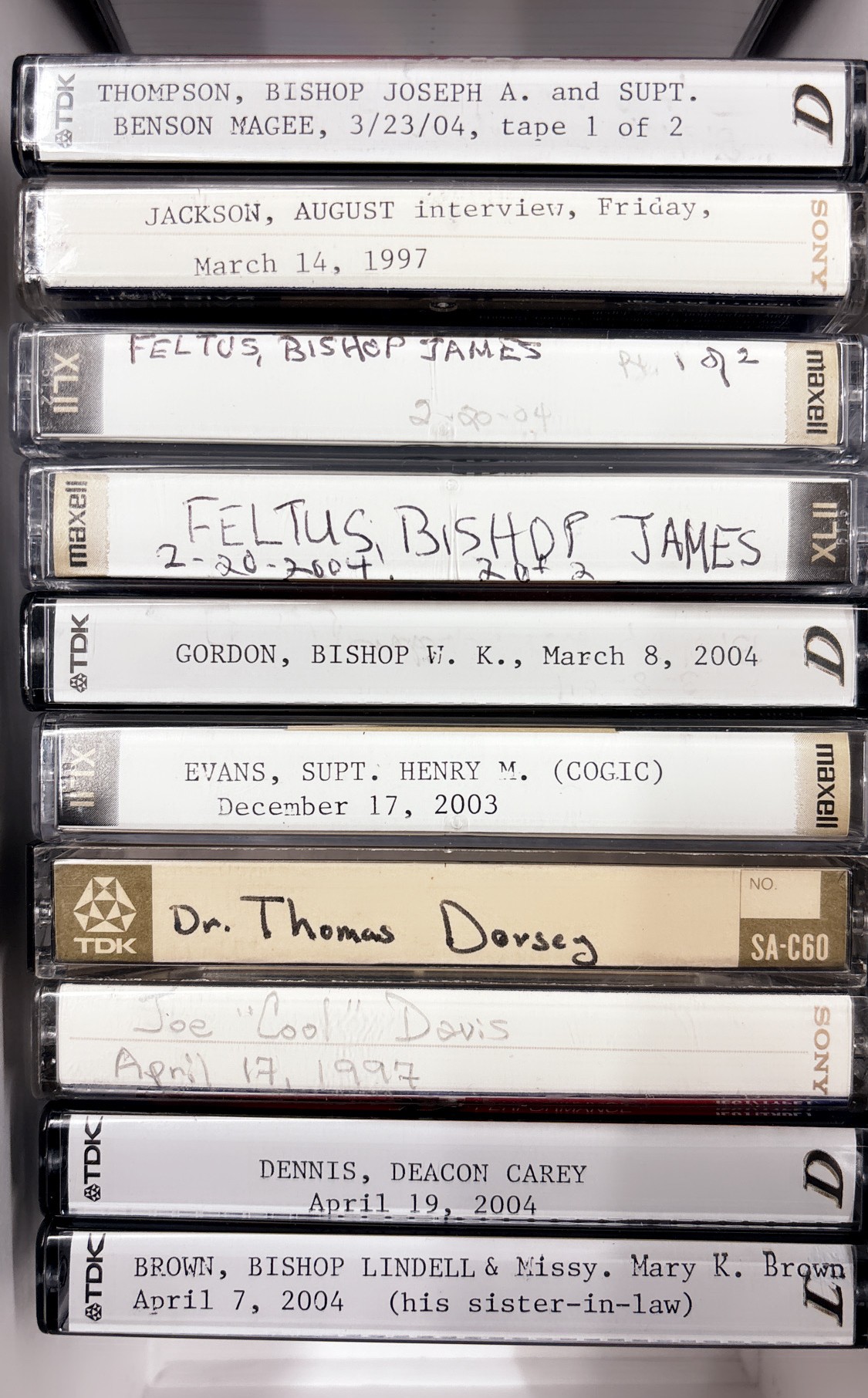 Audio cassette tapes of oral history interviews, circa 1997 through 2004, New Orleans Church of God in Christ oral histories and ephemera, Tulane University Special Collections.