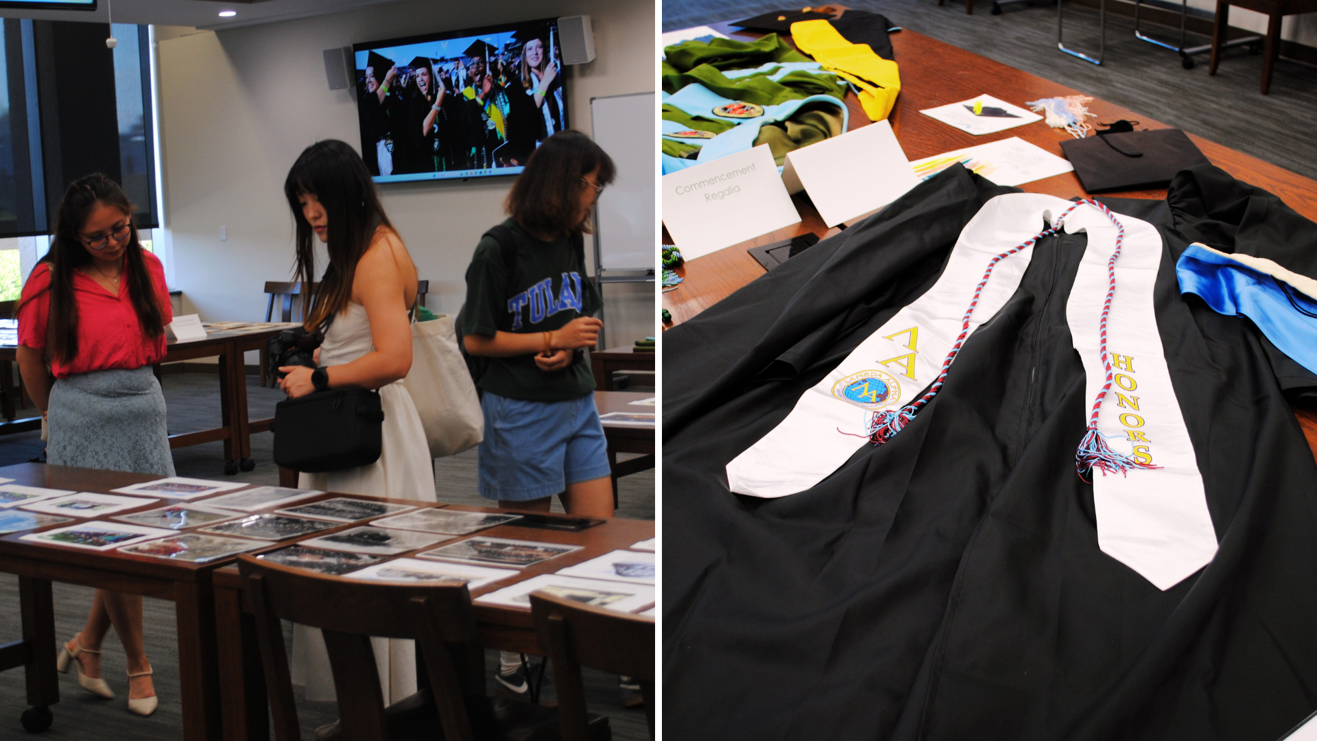 Two-photo collage of a Tulane University graduation event. Left: Three students browse a table displaying photographs and printed materials in a modern room, with a screen showing a graduation ceremony in the background. Right: Close-up of commencement regalia laid out on a table, including black graduation gowns, white honor stoles embroidered with "Honors" and a university seal, red-and-blue honor cords, and colorful hoods and accessories labeled "Commencement Regalia."