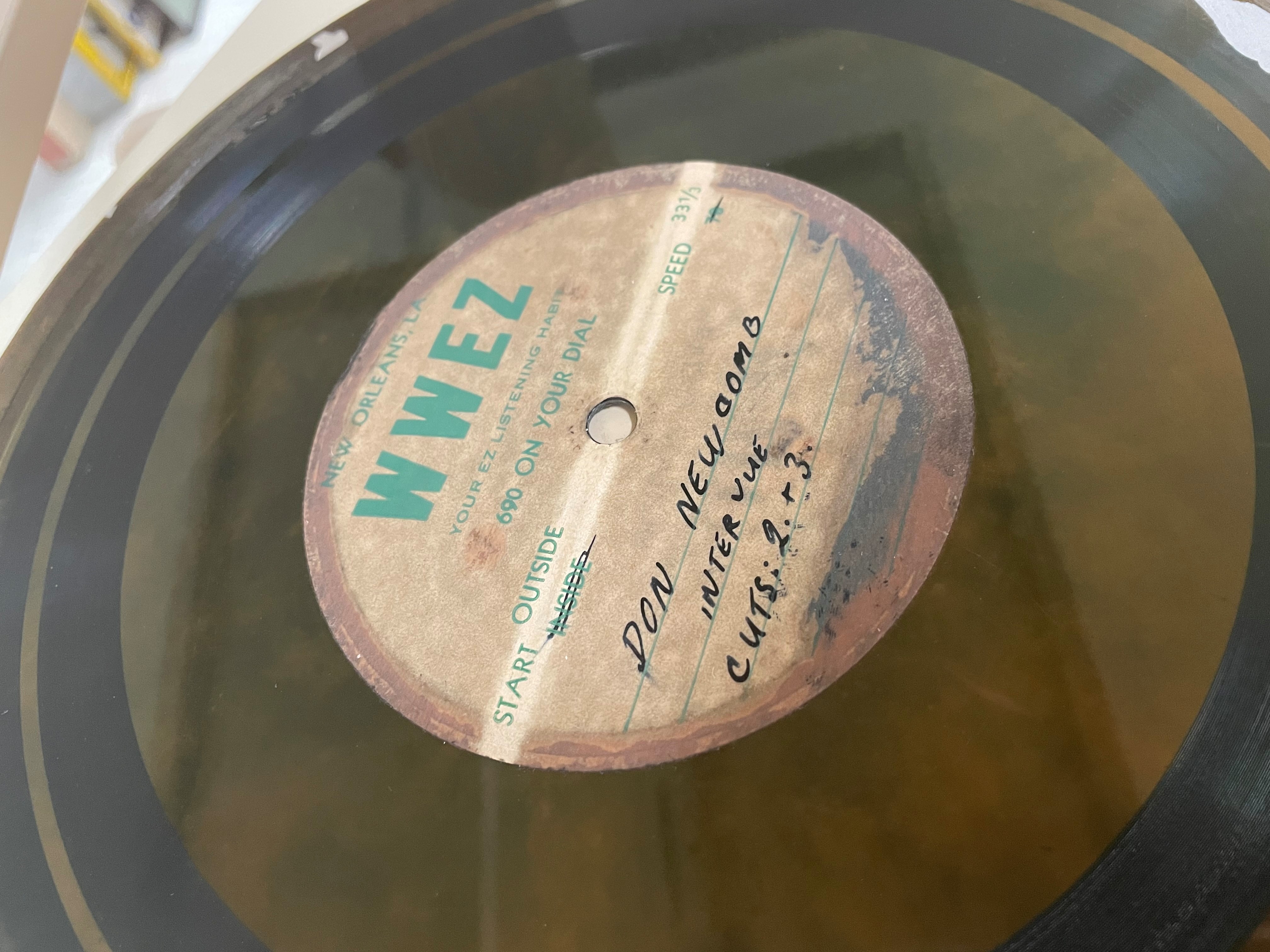 Side A of a 10-inch acetate featuring Dr. Daddy-O interviewing professional baseball pitcher Don Newcombe at Pelican Stadium, circa 1950s, Vernon “Dr. Daddy-O” Winslow collection HJA-055, Box 80, Tulane University Special Collections, New Orleans, LA. 