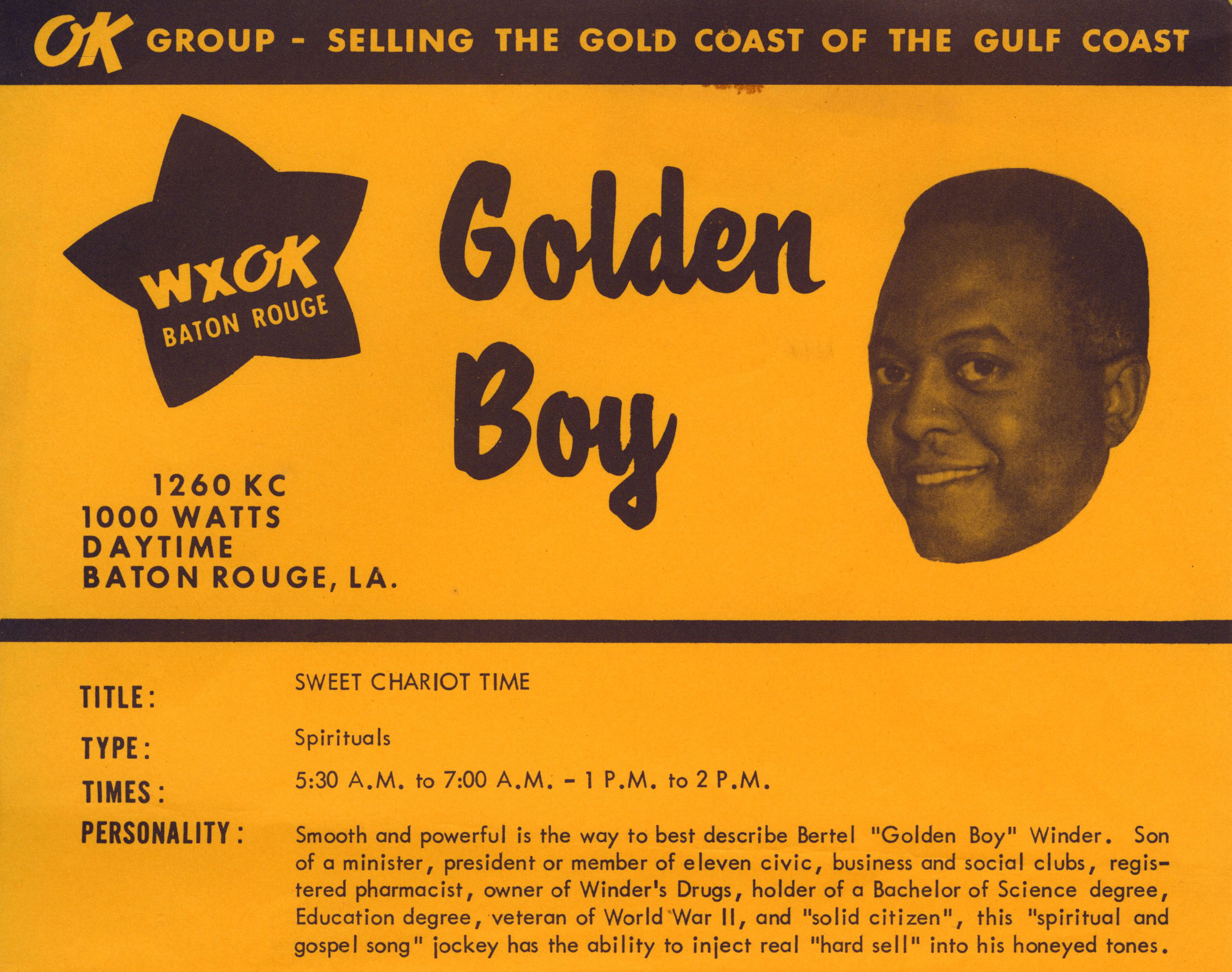 Detail of radio sales sheet for Golden Boy of WXOK AM Baton Rouge, circa 1950s-1960s, Jules J. Paglin collection of OK Group records (HJA-067), Tulane University Special Collections.