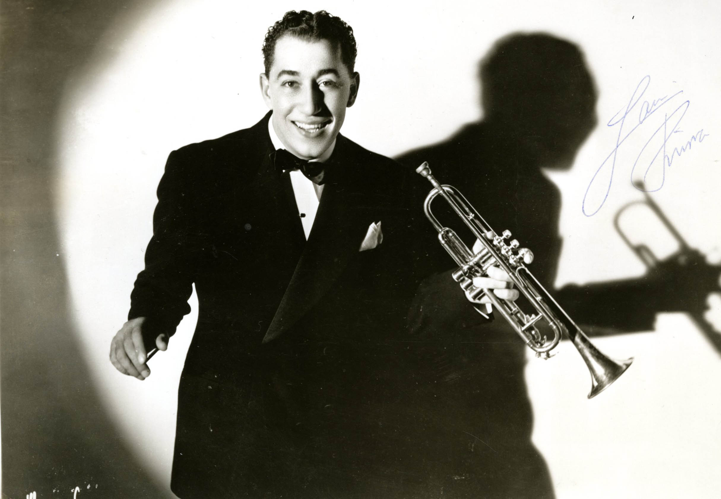 Louis Prima holding a trumpet, image credit: Louis Prima papers, Tulane University Special Collections