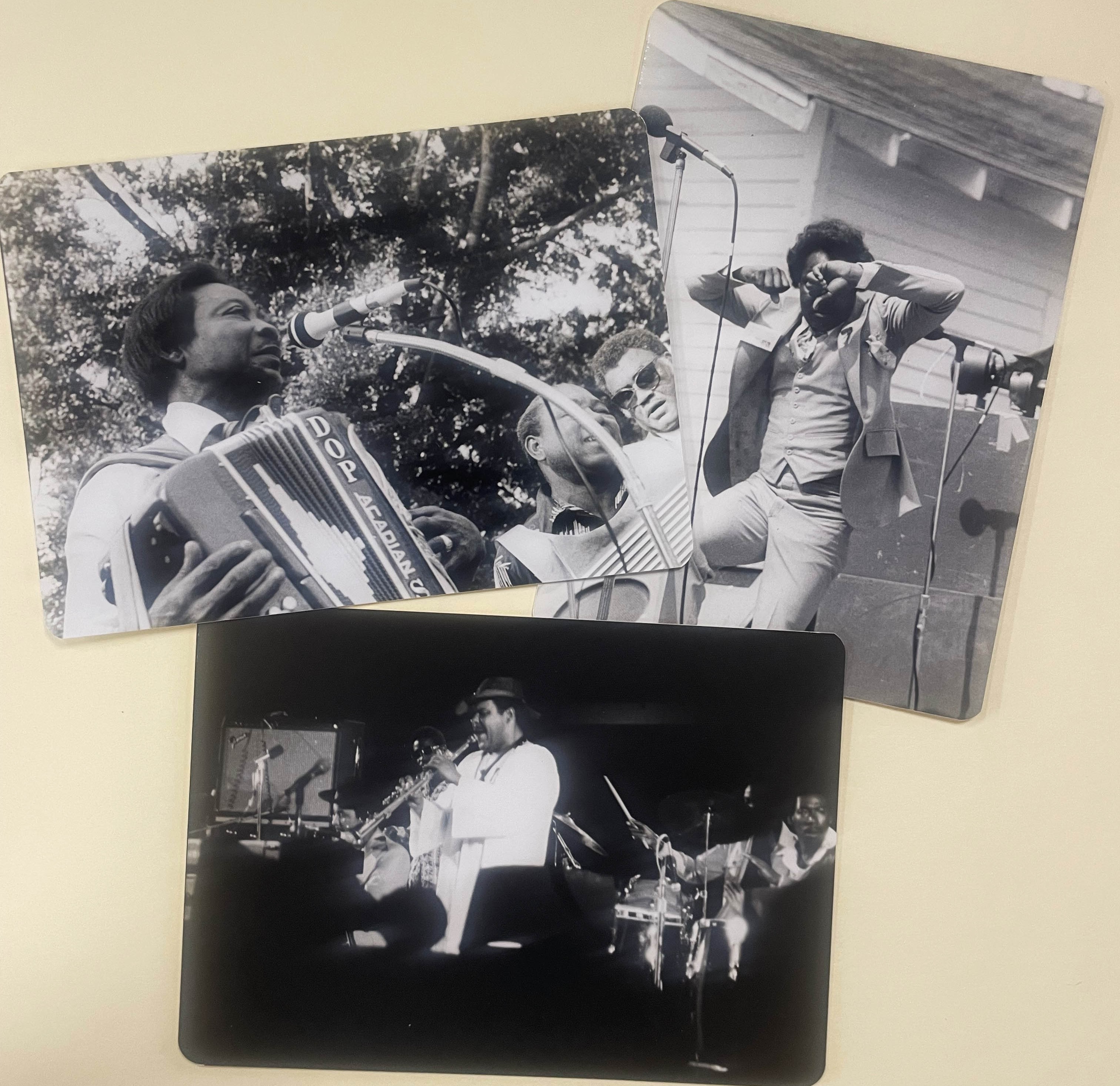 Photographs of Louisiana musicians Rockin’ Dopsie (Sr.), Ernie K-Doe, and Willie Tee and The Souls; locations and dates unidentified, Austin M. Sonnier Jr. papers, Tulane University Special Collections.