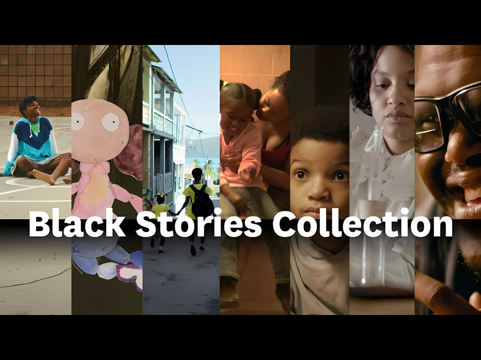 A collage of film scenes including faces of people with writing in white reading "Black Stories Collection"