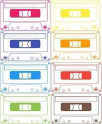 Two columns of line drawn cassette tapes loosely following the colar scheme of the inclusive rainbow flag.
