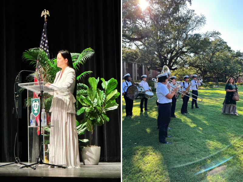photo of Amanda Nguyen speaking on a stage/ Photo of Marching band outside on a green space