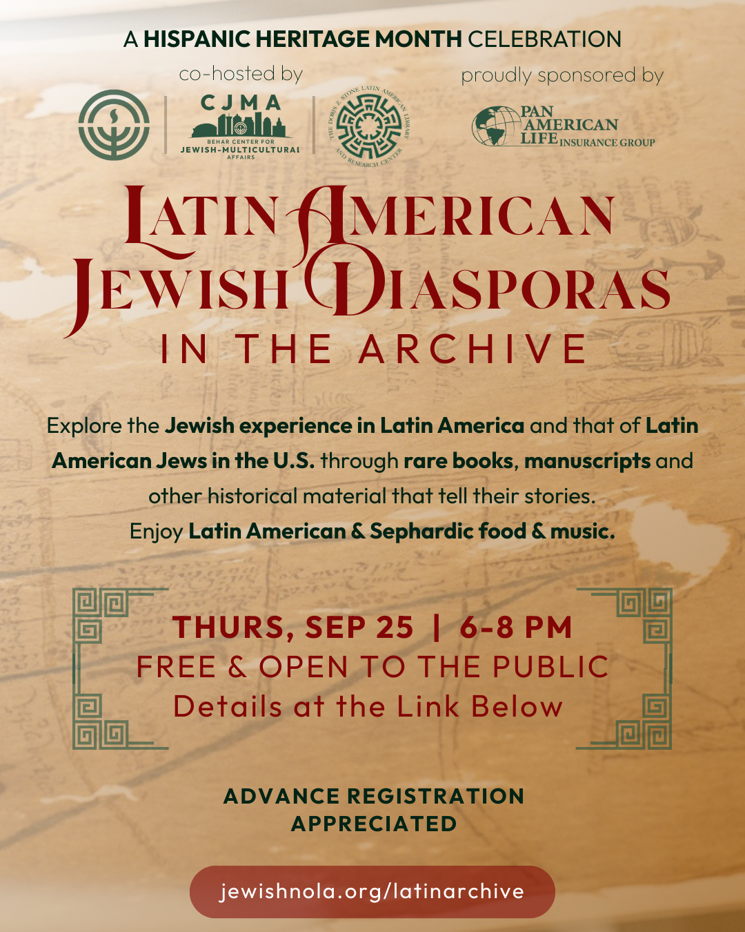 Same event information stylized against a background of a manuscript Mesoamerican Indigenous map