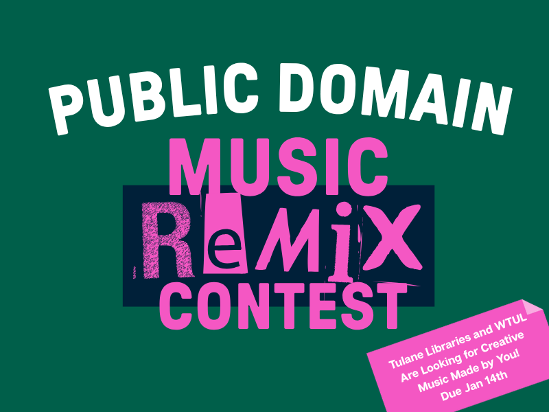 On a field of dark green reads in capital white, letters "Public Domain" In Pink letters then reads "Music Remix Contest". Remix is done various typefaces.