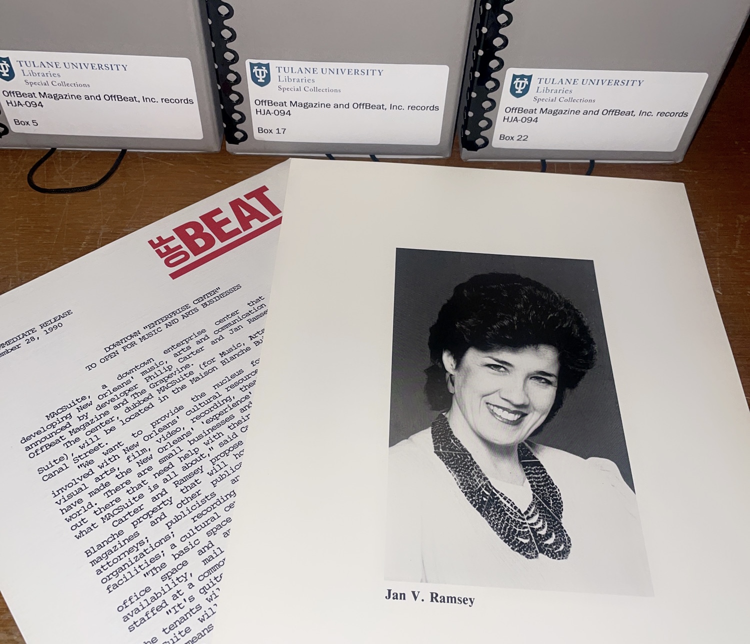 Materials and boxes from OffBeat, Inc. records (HJA-094) at Tulane University Special Collections