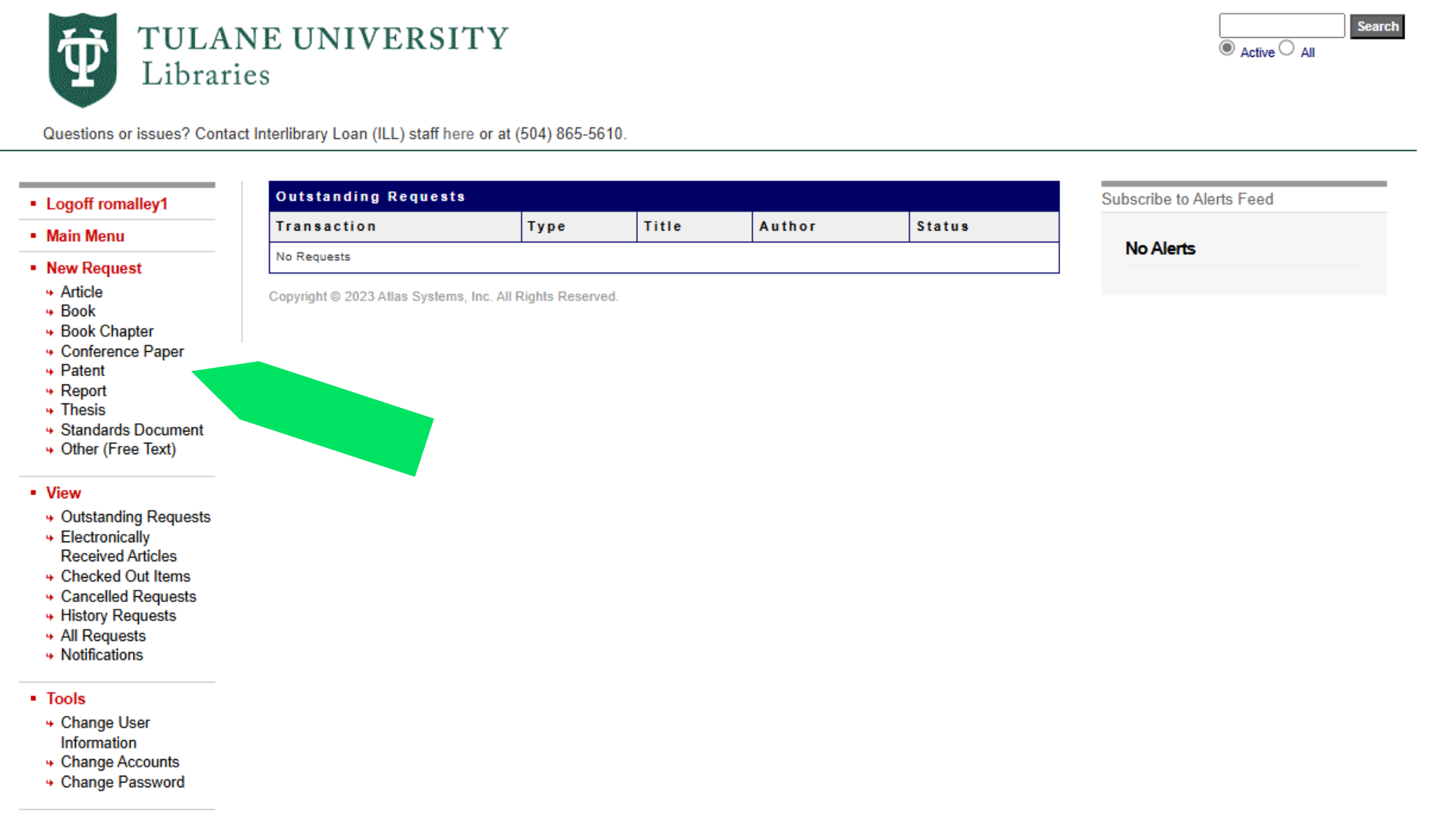 Screen shot of Interlibrary Loan showing where people can make a new request on the left hand side of the screen