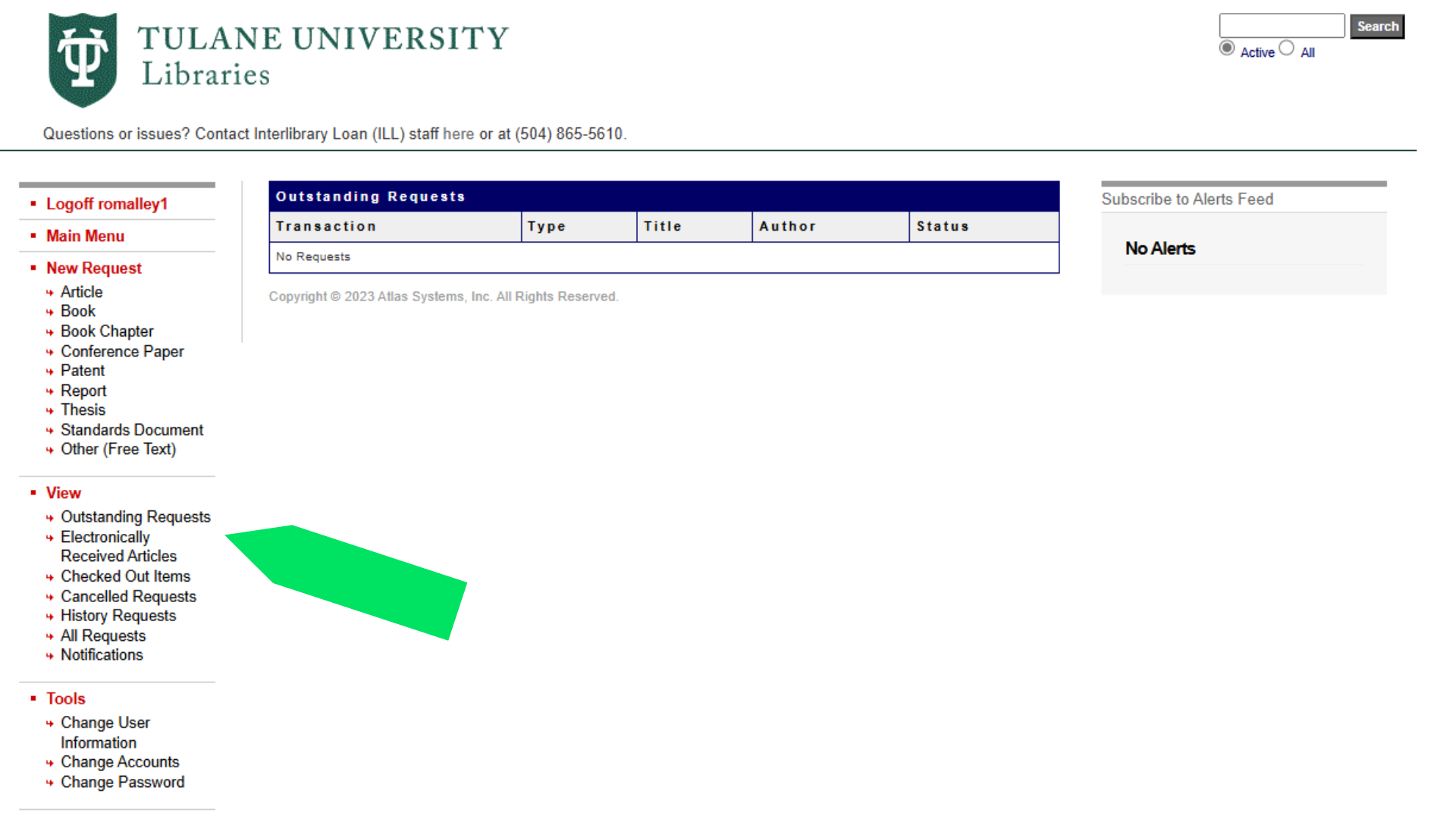 Screen shot of Interlibrary Loan showing where people can view requests on the left hand side of the screen