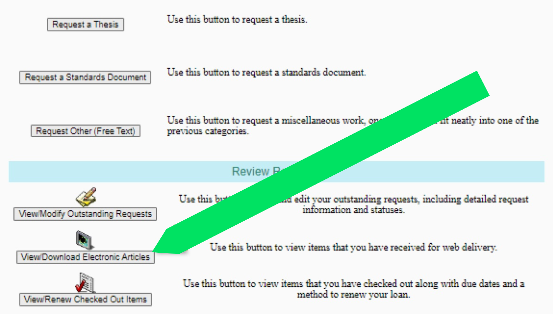 Screen shot of Interlibrary Loan showing where to View Download Electronic Articles