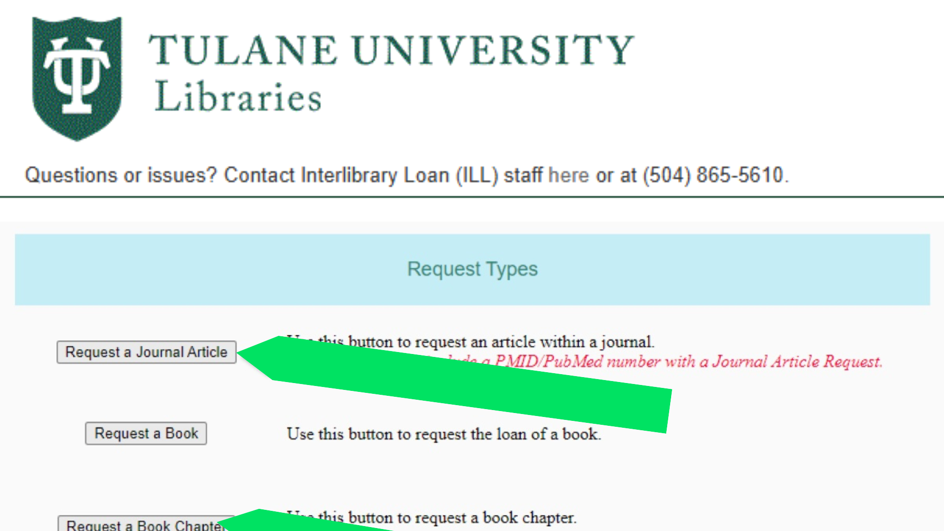 Screen shot of Interlibrary Loan showing where people can find different kinds of requests on the top of the screen