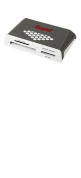 A silver and white cardreader with the Kingston logo emblazoned on it sits on a white background.