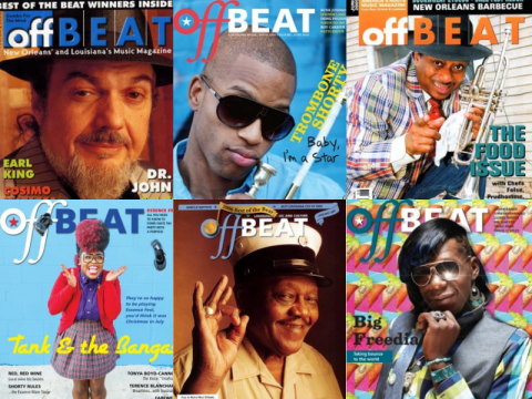Offbeat magazine covers featuring Dr. John, Trombone Shorty, Kermit Ruffins, Tarriona "Tank" Ball, Fats Domino, and Big Freedia