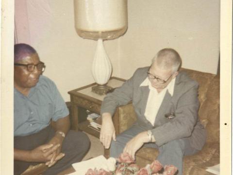 George Mallinson interviews musician Willie Humphrey (pictured seated at left) at Humphrey’s New Orleans home, on March 1, 1972, photographer: Jacqueline Mallinson, George G. and Jacqueline V. Mallinson collection, Hogan Archive of New Orleans Music and New Orleans Jazz, Tulane University Special Collections. 