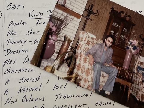 From the Austin M. Sonnier Jr. papers: A photograph of Sonnier, and a detail of his handwritten draft of the theatre production, The End of a Perfect Death 