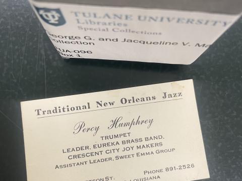 A business card for musician Percy Humphrey (1905-1995), autographed on the back, the George G. and Jacqueline V. Mallinson collection, HJA-096, Tulane University Special Collections.