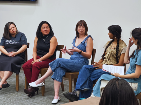 Group of panelists sit in chairs at the front of a room. Person in the middle is talking while other panelist look at them.