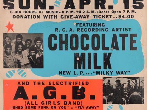 Poster advertising “The Easter Sunday Night Dance and Jam" featuring the bands Chocolate Milk, The Electrified A.G.B. (All Girls Band), Flashback, Cool Enterprise, and The Creators at The Grand Hotel on Sunday, April 15, 1979, New Orleans, Hogan Archive poster and calendar collection, HJA-095, Tulane University Special Collections, Tulane University Libraries.