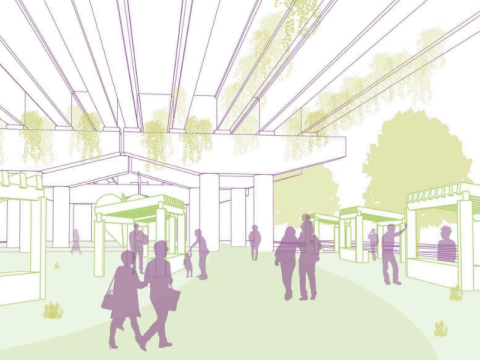 Rendering of people, green spaces, and kiosks underneath the Claiborne Avenue overpass. Rendering is done in shades of green and purple.