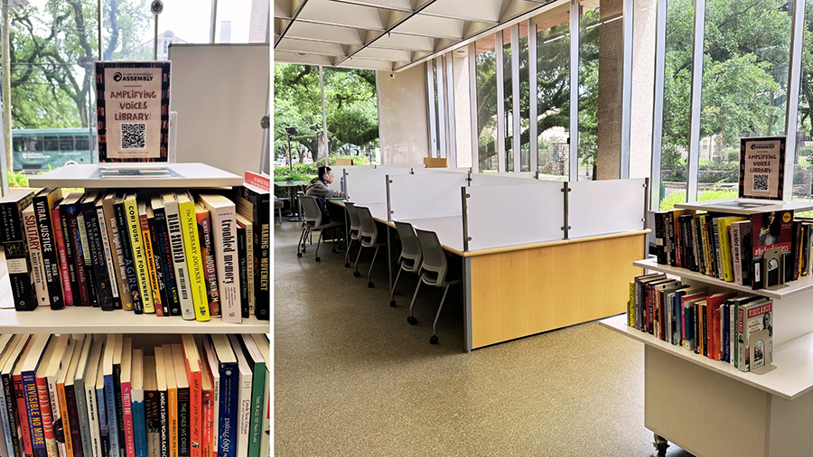 Split image showing an “Amplifying Voices Library” book display inside a bright library space. On the left, shelves are filled with books on social justice, activism, and identity beneath a sign with a QR code. On the right, study carrels line large windows overlooking trees, with an additional book display in the foreground.