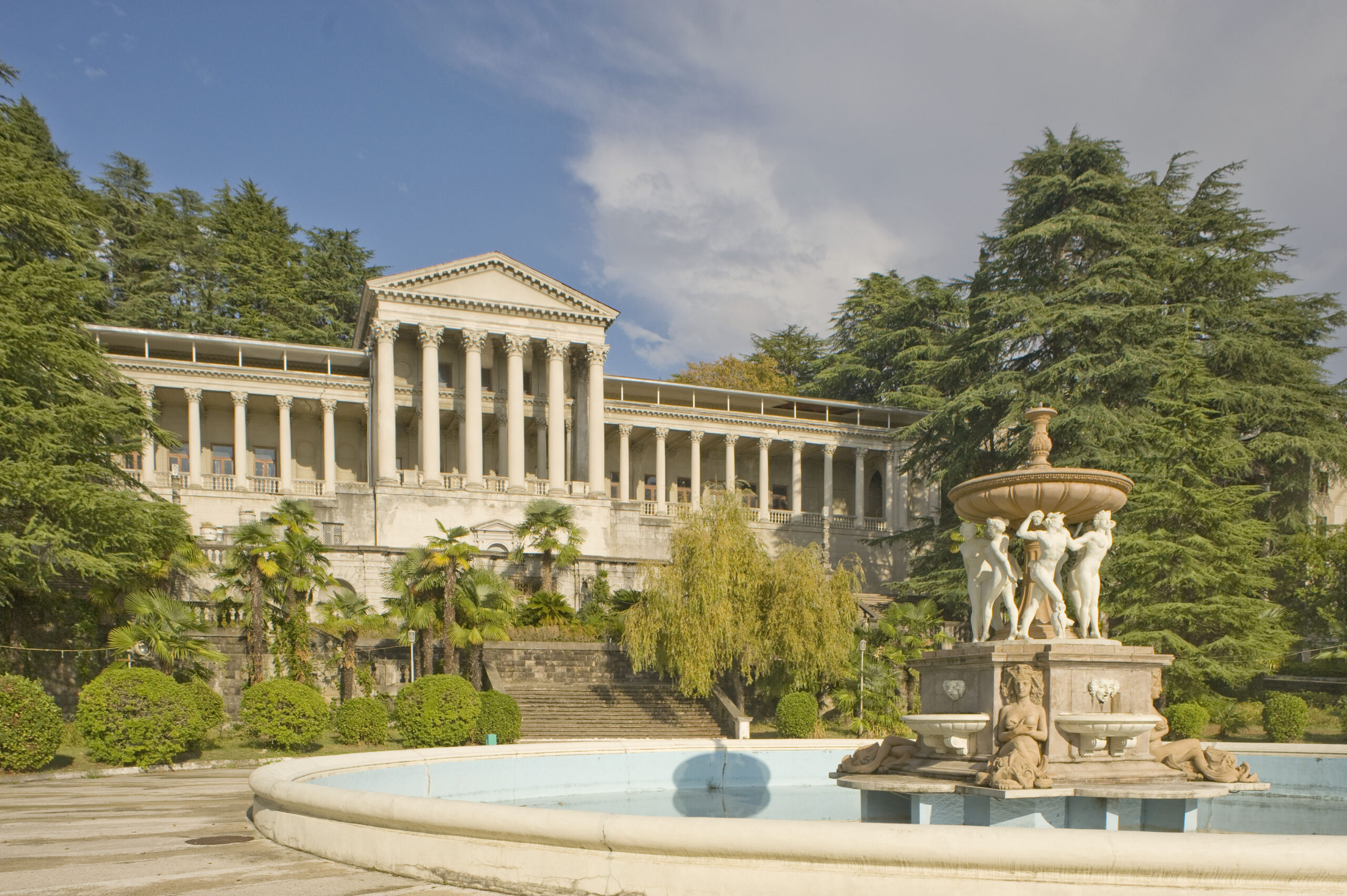 S. Ordzhonikidze Sanatorium (Sochi, Russia) — a renowned, Neoclassical Soviet-era resort by Ivan Sergeevich Kuznetsov built in 1937, the fountain in the foreground was built in 1939 from Soviet Russian Architecture 1930-1950’s in Photographs website. 